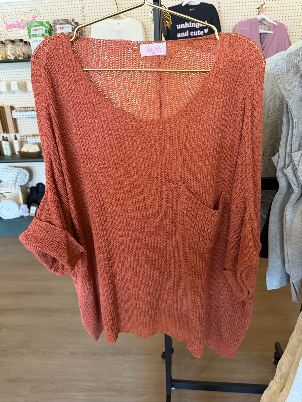 Pink Lily Rust Loose Knit Scoop Neck Pocket Sweater (BOX 6)